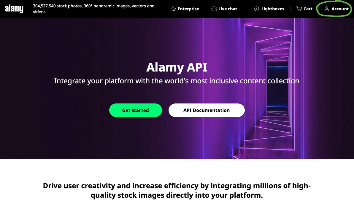 Account icon at the top right of the Alamy website